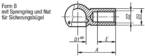 Leschhorn 71805 KUGELPFANNE für Winkelgelenk DIN 71805 Form B, Typ L: Linksgewinde  mit Sprengring und Nut für Sicherungsbügel, D1=16H9, D2=M10 - KIPP K0712-B Kugelpfannen fuer Winkelgelenke DIN 71