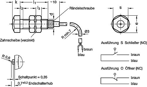 Ganter 251.2-M10-25-O ANSCHLAGSCHRAUBE MIT ENDSCHALTER, ÖFFNER - GN 251-2 Anschlagschrauben mit Endlagenschalter-Skizze