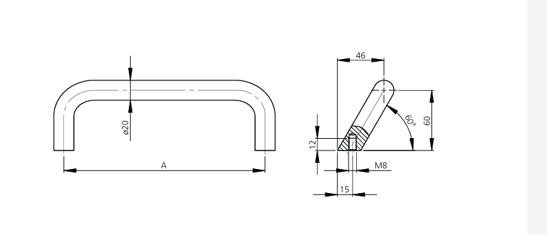 Leschhorn M1-20.S200.54 Bügelgriffe mit abgeschrägten Anschraubflächen, Rundaluminium, A 200, schwarz Feinstruktur pulverbeschichtet - LE M1 Buegelgriffe - schraegstehend - Massblatt