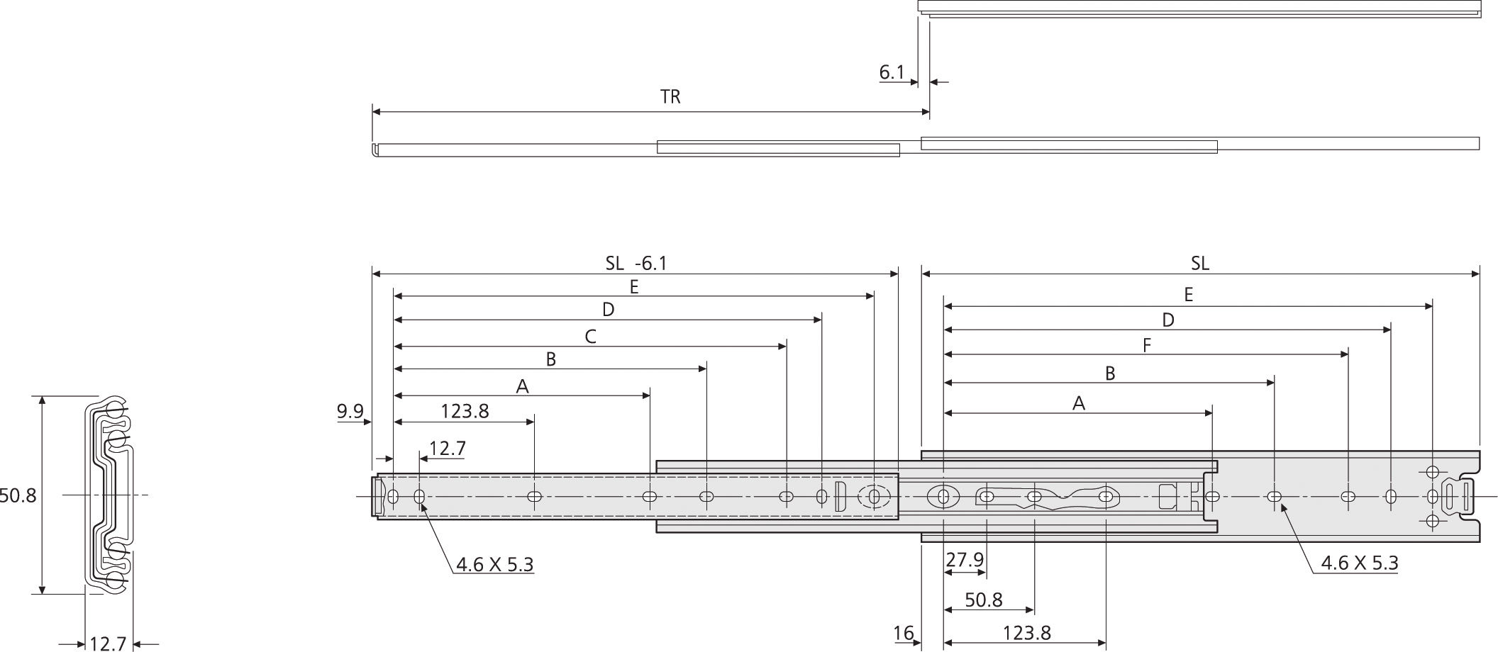 Accuride DZ3301-0024-2 Teleskopschienen 100% Überauszug, 12,7x50,8, SL 610, TR 635, 61kg, hell verzinkt - 3301 Accuride Teleskopschiene technische Zeichnun
