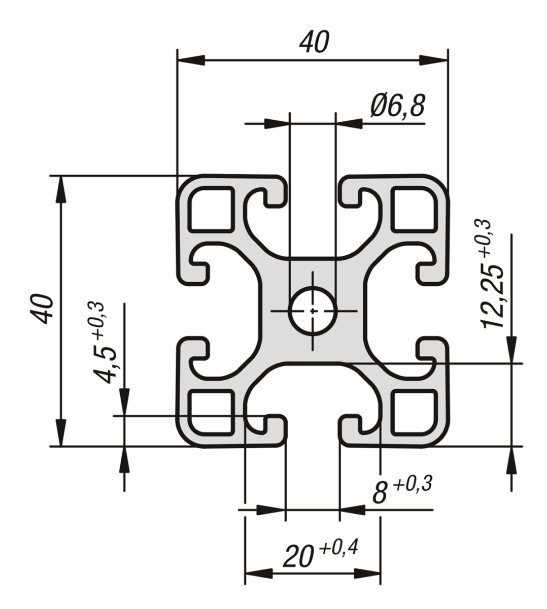 Norelem 10045-084040X1000 ALUMINIUMPROFIL LEICHT 1000X40X40, TYP I - NLM 10045 Aluminiumprofile 40x40 leicht Typ I-Skizze