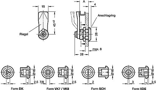 Ganter 115-DK-10-NI EDELSTAHL VERRIEGELUNG MIT DREIKANT - GN 115 Edelstahl Verriegelungen - Betaetigung mit Steckschluessel - nicht abschliessbar-Skizze