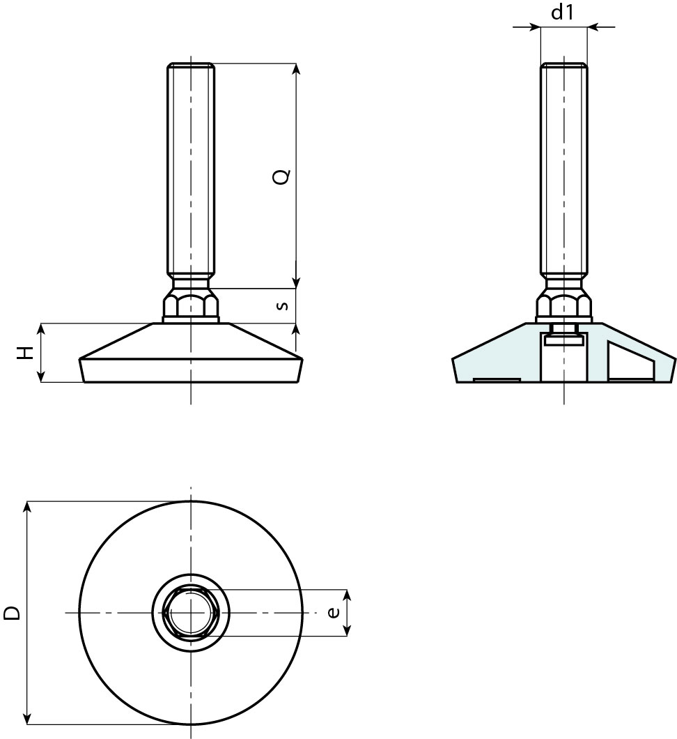 Leschhorn P201 Stellfüße  D 49; H 13; Gewinde d1 M12; Kunststoff PA, schwarz, - Boteco P201 Stellfuesse