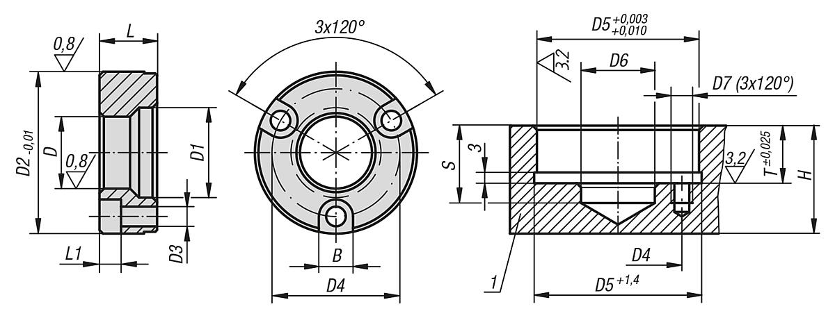 Norelem 03156-50 AUFNAHMEBUCHSE FORM B, D=50, L=31,1 - NLM 03156 Aufnahmebuchsen  Form B -vorderseitig geschraubt- - Massblatt
