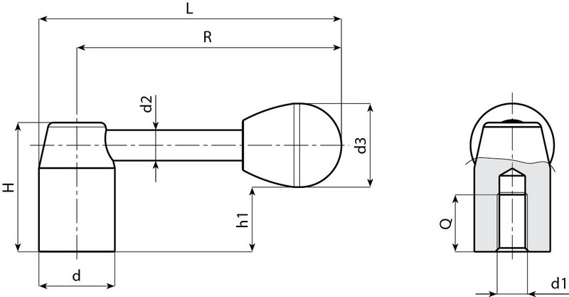 Leschhorn vW503 verstellbare Spannhebel d 20; R 70; H 34; d1 M8; H- Vernickelt - Boteco W503 verstellbare Spannhebel