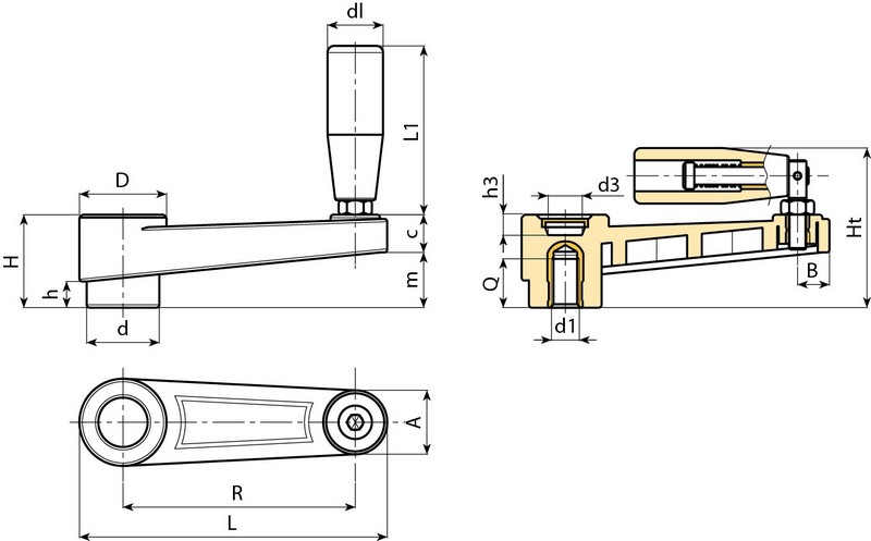 Leschhorn E218 Handkurbeln mit Umleggriff mit Umleggriff  L 106; R 80; Gewinde d1 M10; Kunststoff PA, schwarz, Gewindebuchse Messing - Boteco E218 Handkurbeln mit Umleggriff
