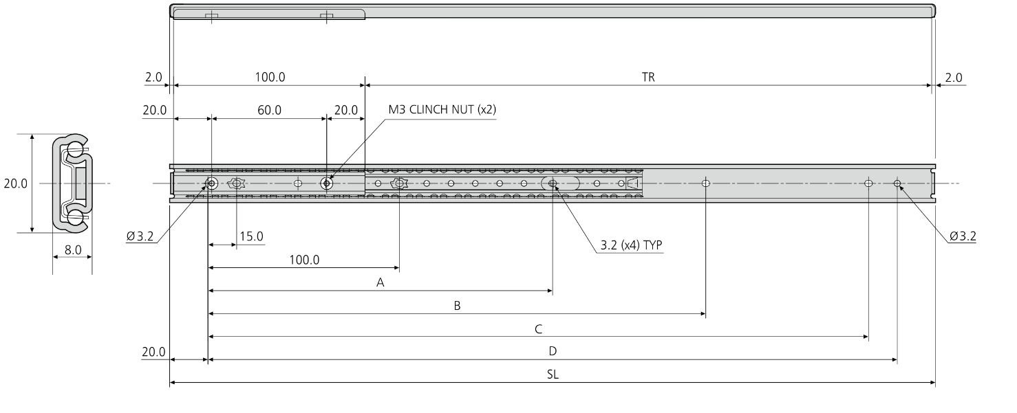 Accuride DZ2415-0020 Linearführungen, Schienenlänge 200 mm, Hub 96 mm +/- 3 mm; bis 18,5kg, Profil 20x8 - Accuride DZ2415 Linearfuehrungen - bis 18 5kg - Profil 20x8 TZ