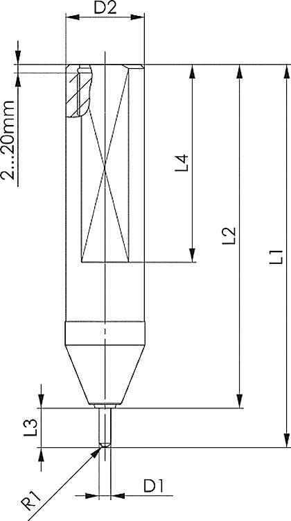 AMF 1420WM20-R0,5 AMF-Writer Medium, Nadel: 90R05 Ex00, Drehzahl: 0-300 1/min, R1: 0,5 mm - LE 1420WM Writer Medium -Skizze