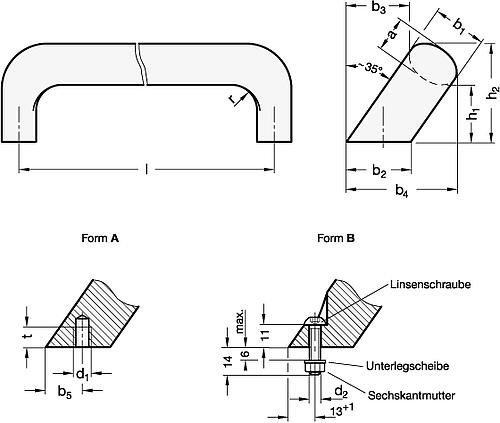 Ganter 565.2-26-128-B-EL BÜGELGRIFF, SCHRÄG, NATURFARBEN ELOXIERT - GN 565-2 Schraege Buegelgriffe - Aluminium-Skizze