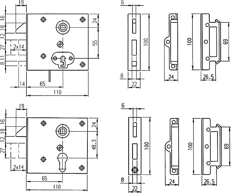 AMF 15B Stumpfdrückerschloss, Kastenbreite: 110 mm, Schließung: B, Dorn: 65 mm - LE 15 Stumpfdrueckerschloss -Skizze