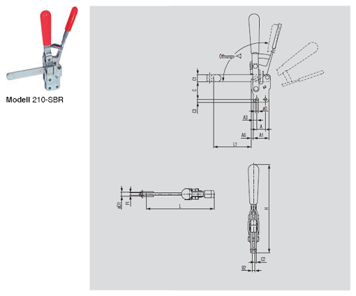 DESTACO 210-TUB Vertikal-Kniehebelspanner Haltekraft 2800 N - 3400 N, Öffnungswinkel 105° - 210-SBR Vertikalspanner - massiver Spannarm - Fuss gerade - mit Zusatzverriegelung