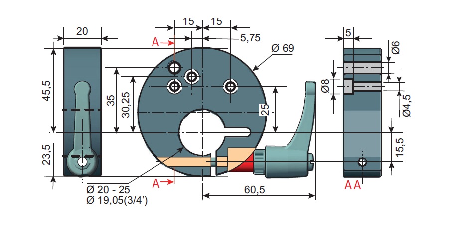 Fiama FKE9L/1-20-FLB-M6-KHL Wellenklemmflansch, Bohrung 20 mm, mit Klemmhebel (Metall), Material: Aluminium, schwarz, eloxiert - Fiama FKE9L/1 Wellenklemmflansch zur sicheren Befestigung der Positionsanzeige EP9L-Massblatt