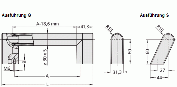 Leschhorn U7-30.G160.01   Alu- Rundrohr Griffe Schenkel gerade  A 160,  Schenkel schwarz, Rohr natur Griff aus Einzelelementen, komplett montiert - Leschhorn U7 Griffserie - Zeichnung - Ausfuehrung G und S