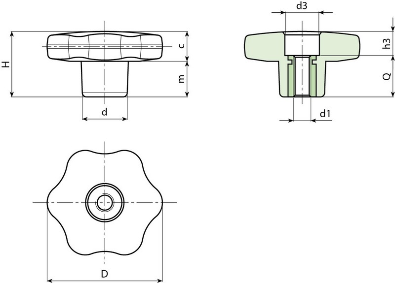 Leschhorn F177 Sterngriffe  D 30; d 15; Gewinde d1 M5; Kunststoff PA, schwarz, mit durchgehender Gewindebuchse Messing - LE F177 Sterngriffe-EcoLine-Massblatt