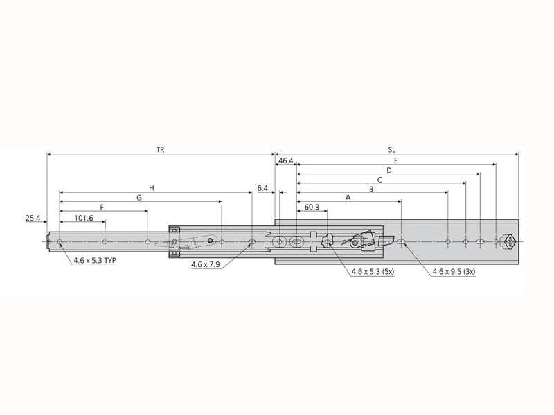 Accuride DZ3607-0016-2 Teleskopschienen 100% Vollauszug, 19,1x53,1, SL 406, TL 406, 100kg, hell verzinkt - 3607 Accuride Teleskopschiene technische Zeichnung
