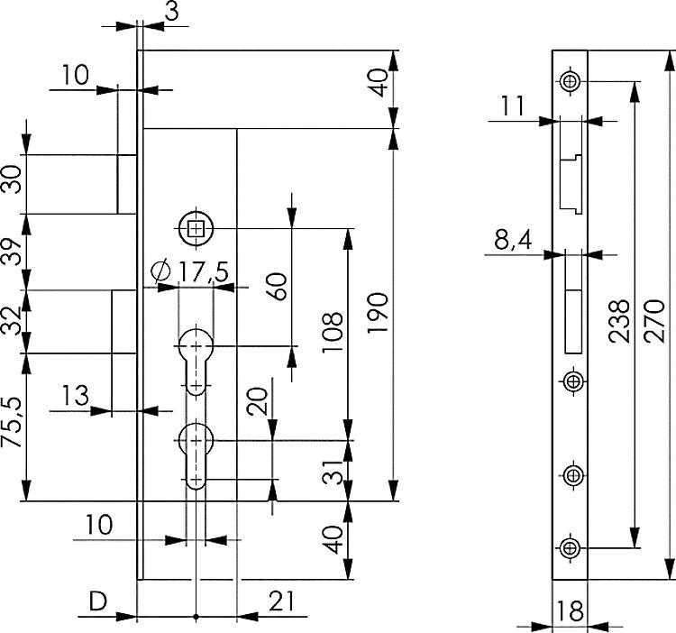 AMF 8420D-30ZW-L Schweres Rohrrahmen-Fallen-Riegelschloss für zwei Profilzylinder, Schließung: PZW, Türrichtung: DIN L, D: 30 mm - LE 8420D Schweres Rohrrahmen-Fallen-Riegelschloss fuer zweiProfilzylinder-Skizze