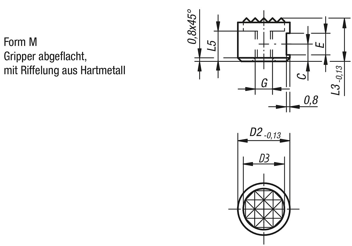 Norelem 07113-25107 GRIPPER RUND FORM M, D2=25, L3=10 - NLM 07113-M Grippers rund Form M - Massblatt