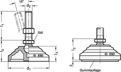 Ganter 344.2-100-M20-98-AG ESD GELENKFUSS OHNE MUTTER, MIT GUMMIAUFLAGE - GN 344-2 ESD Gelenkfuesse - Stahl-Skizze