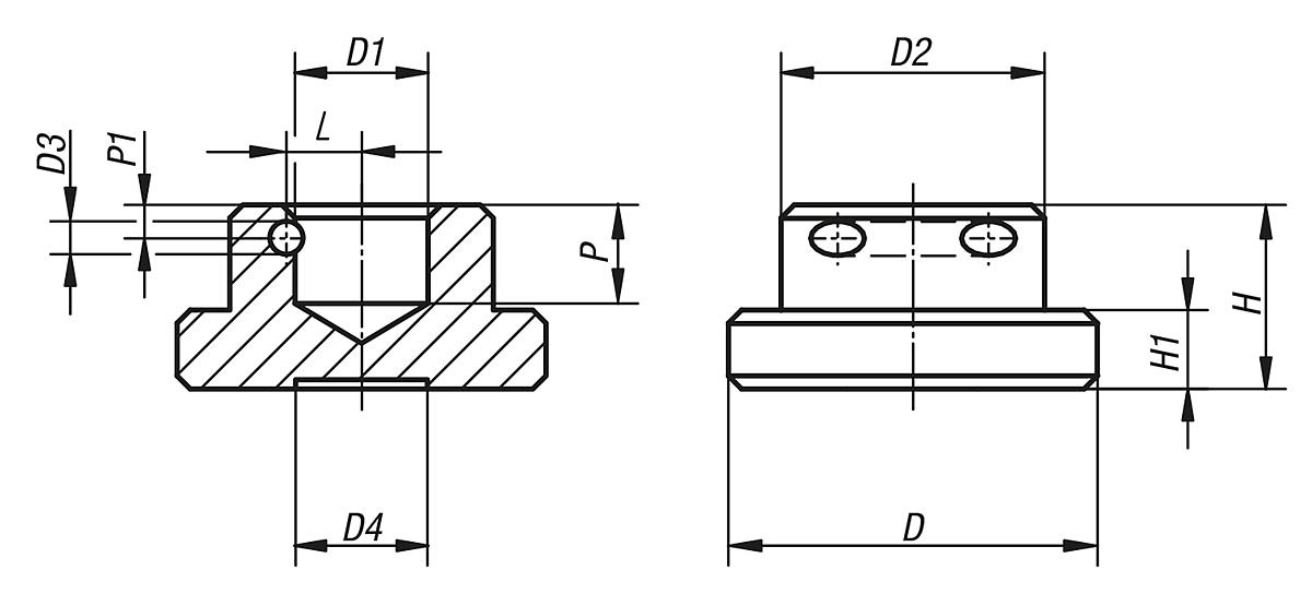 Norelem 07141-16 DRUCKSTÜCK MIT SICHERUNGSSTIFT, D1=32 - NLM 07141 Druckstuecke  mit Sicherungsstift - Massblatt