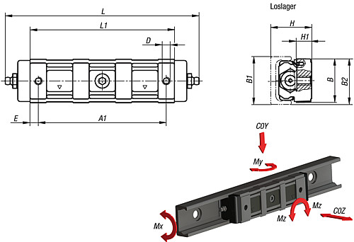 Norelem 21322-2228088 ROLLENFÜHRUNGSWAGEN, ALUMINIUM, LOSLAGER - Norelem 21322-L Loslager