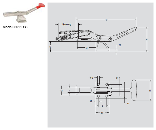 DESTACO 3011 Ösen-Verschluss-Spanner Haltekraft 8900N, Spannweg 75mm - 3011-SS Oesen-Verschluss-Spanner - Edelstahlausfuehrung