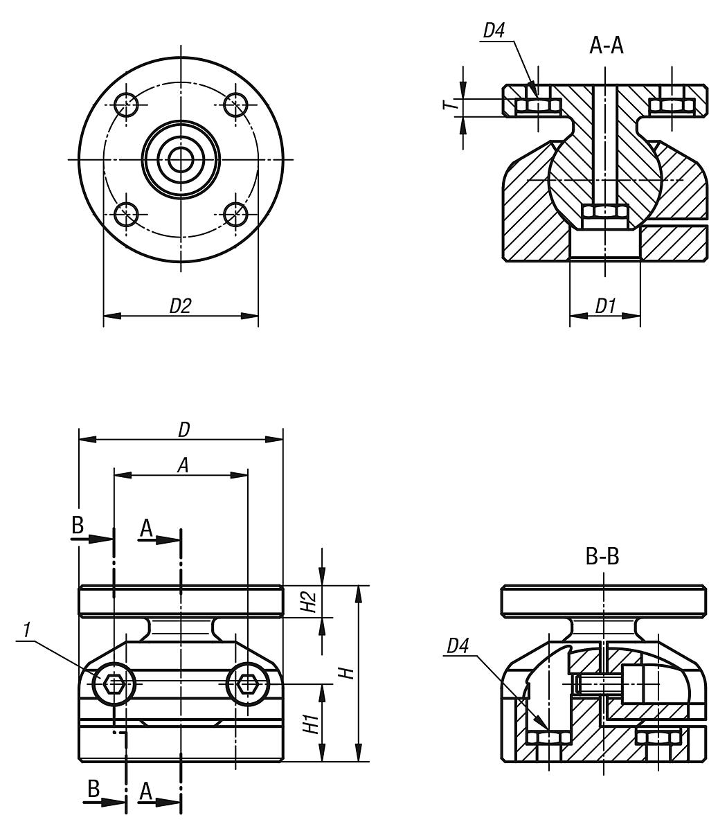 Norelem 21170-12 GELENKKOPF SCHWENKWINKEL 30° H=54, ALUMINIUM, KLEMMBAR, D=75 - NLM 21170 Gelenkkoepfe Schwenkwinkel 30 Grad klemmbar - Massblatt