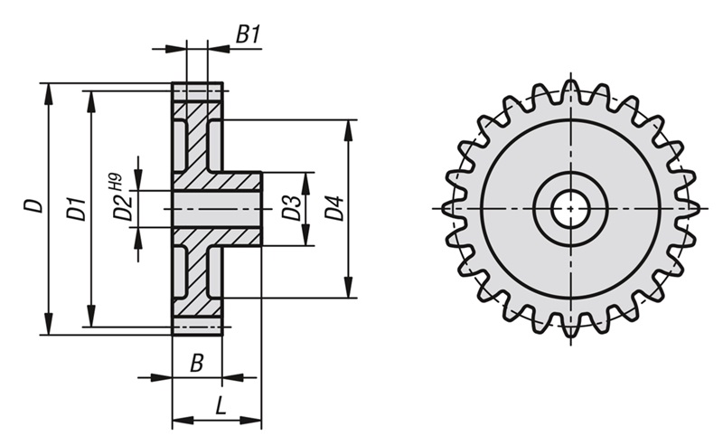 Norelem 22402-1050012 STIRNZAHNRAD GERADE B=3, N=12, POLYACETAL, MIT NABE, D2=2 - NLM 22402 Stirnzahnraeder aus Kunststoff - Modul 0 5 gespritzt - gerade verzahnt-Skizze