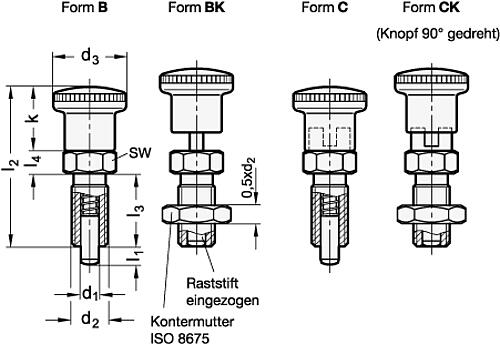 Ganter 817-10-12-B-NI-RT Edelstahl Rastbolzen mit rotem Knopf - GN 817 Edelstahl Rastbolzen mit rotem Knopf-Skizze