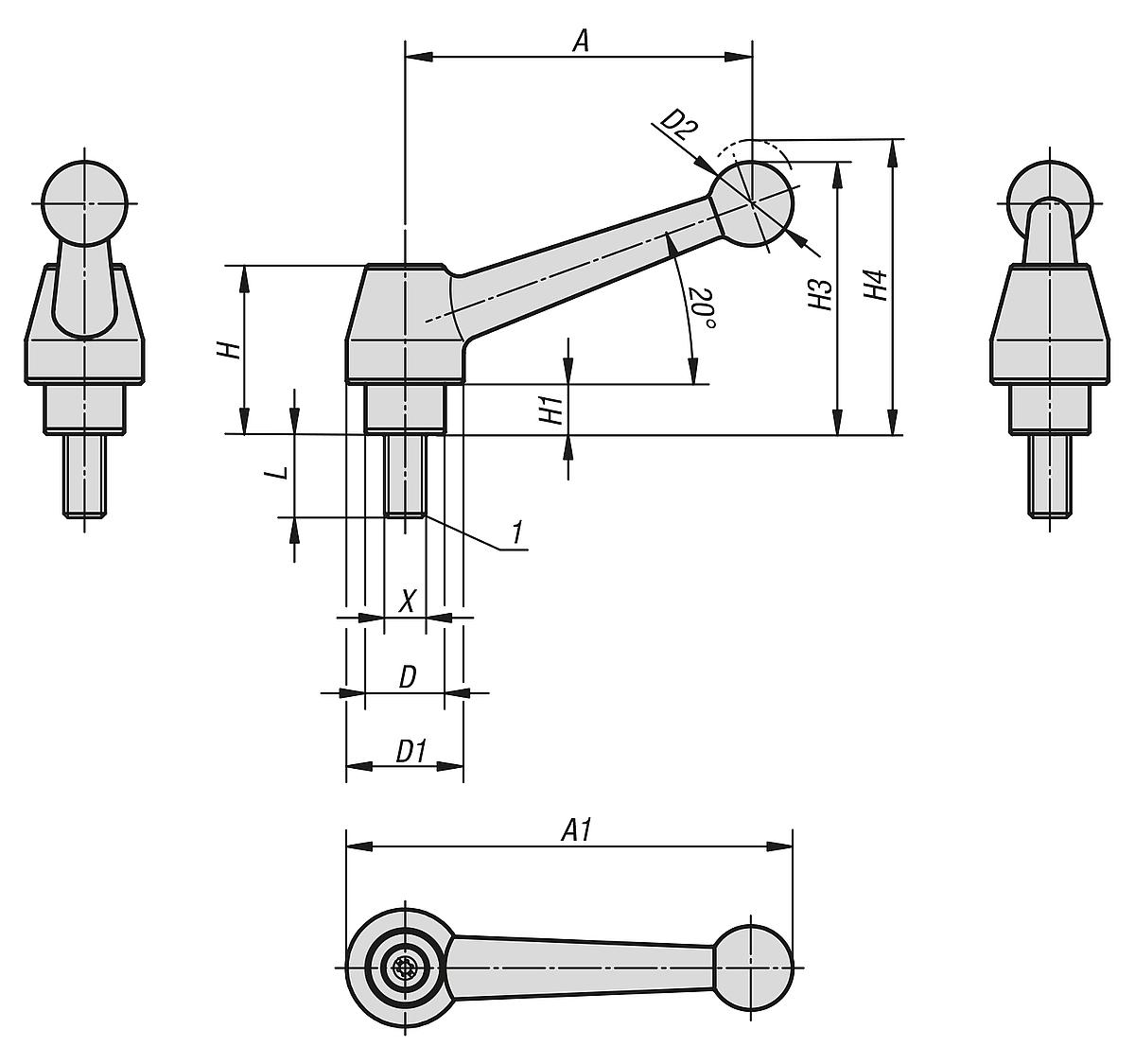 Kipp K0120.216X35 STAHLKLEMMHEBEL GR.2  M16X35 - K0120 Stahlklemmhebel mit Aussengewinde - Massblatt