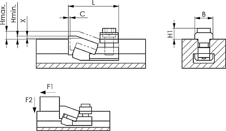 AMF 6492-12 Flachspanner Modell "Mini-Bulle", Nut: 12, H1: 11, F1: 5,0 kN, F2: 0,6 kN - LE 6492 Flachspanner Modell Mini-Bulle -Skizze
