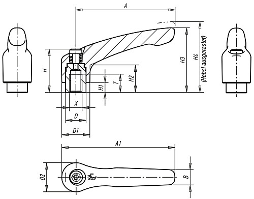 Norelem 06451-1061 KLEMMHEBEL GR.1  M6           EDELSTAHL, GRIFFHEBEL SCHWARZ SEIDENMATT - Norelem 06451 Klemmhebel mit Innengewinde - Stahlteile aus Edelstahl