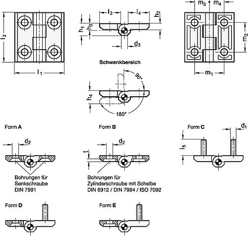 Ganter 237.1-40-40-B SCHARNIER, 2x2 BOHRUNGEN (ZYLINDERSCHRAUBE) - GN 237-1 Scharniere - Kunststoff-Skizze