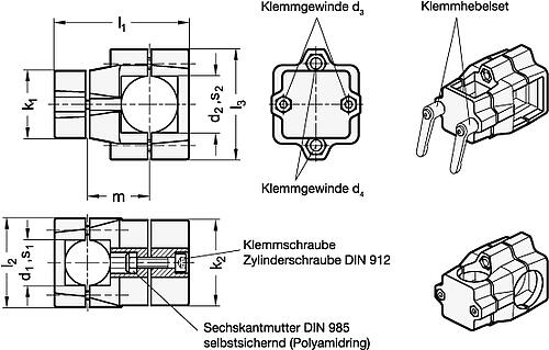 Ganter 135-B30-B40-60-2-BL Kreuz Klemmverbinder, mehrteilig, ungleiche Bohrungsmaße - GN 135 Kreuz Klemmverbinder - mehrteilig - ungleiche Bohrungsmasse-Skizze