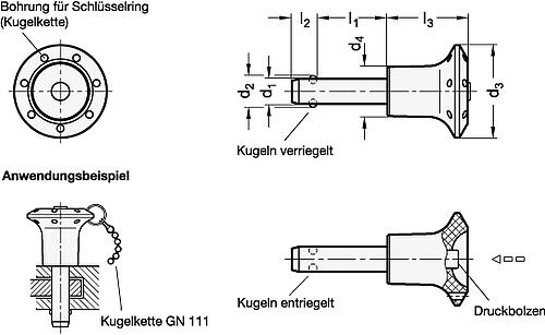 Ganter 113.5-8-35 KUGELSPERRBOLZEN MIT KNOPF, BOLZEN: 1.4305 - GN 113-5 Edelstahl Kugelsperrbolzen - mit Kunststoff Knopf - Bolzen Werkstoff 1-4305-Skizze