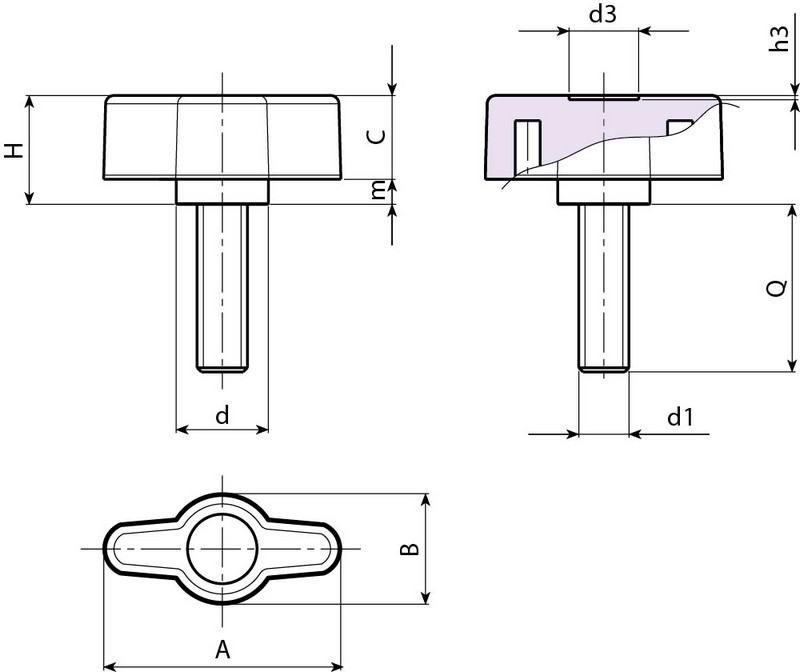 Leschhorn L749 Flügelschrauben  A 28; d 11; Gewinde d1 M4; Kunststoff PA, schwarz, - LE 749 Fluegelschrauben-EcoLine-Massblatt