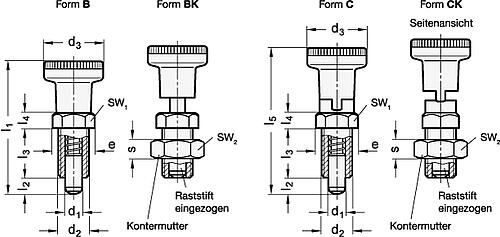 Ganter 617.2-10-B-ST-RT Rastbolzen, Führung Kunststoff, Raststift Stahl, mit rotem Knopf - GN 617-2 Rastbolzen - Fuehrung Kunststoff - Raststift Stahl - mit rotem Knopf-Abbildung