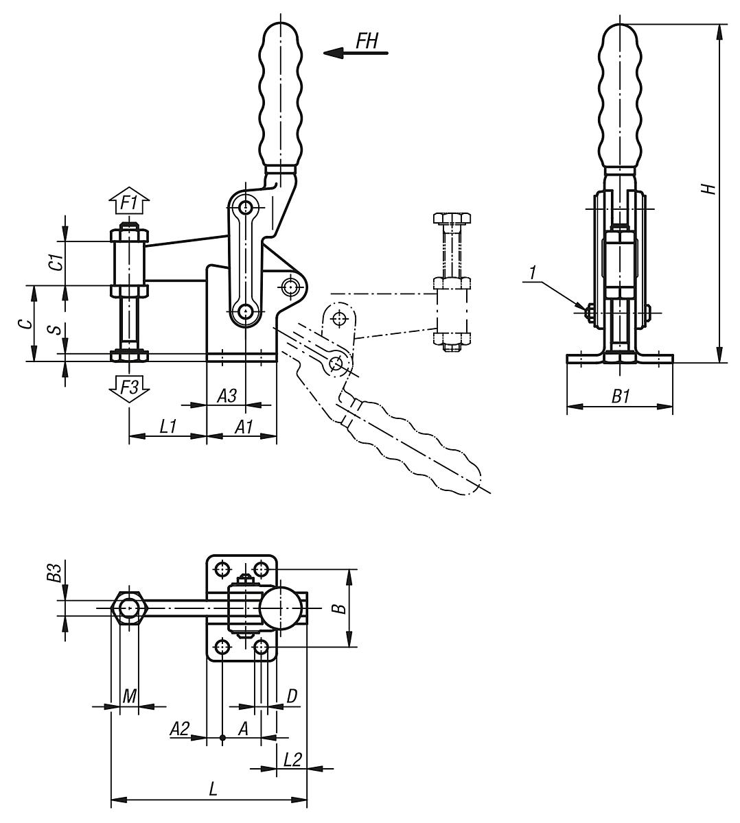 Kipp K0066.1200 SCHNELLSPANNER VERTIKAL, SCHWERE AUSFÜHRUNG, P=1200 daN - K0066 Schnellspanner vertikal schwere Ausfuehrung mit fester Andruckspindel - Massblatt