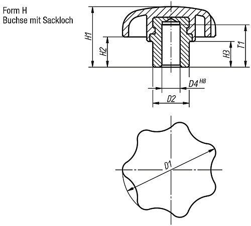 Norelem 06210-105 STERNGRIFF D1=25, D4=5, FORM H, MIT VORSTEHENDER STAHLBUCHSE - Norelem 06210-H Sterngriffe mit vorstehender Stahlbuchse Form H