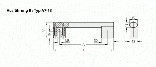 Leschhorn A7-13-F100-N33 Rohrgriffe frontseitigen Anschrauben A 100, Schenkel natur, Edelstahlsteg, - Griff aus Einzelelementen, komplett montiert - LE A7-13 Edelstahl Rohrgriffe - rueckseitiges Anschrauben - Massblatt
