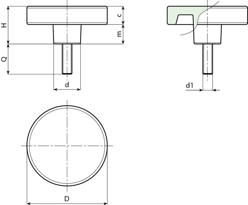 Leschhorn G793 Zylindrisches Handrad mit Gewindestift  D 36; d 18; Gewinde d1 M08; Kunststoff PA, schwarz, - Boteco G793 Zylindrisches Handrad mit Gewindestift