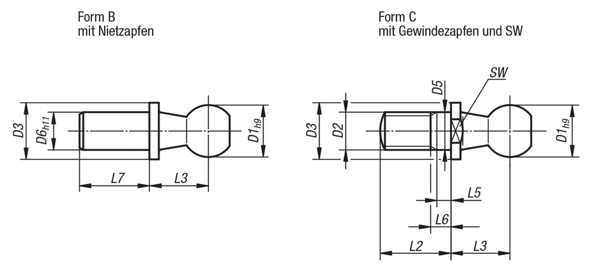 Leschhorn 71803 10x4,5-00 blank KUGELZAPFEN F. WINKELGELENK DIN 71803 FORM B mit Nietzapfen, D1=10H9 L7= 4,5 mm - DIN 71803 Form B Kugelzapfen für Winkelgelenke - Stahl-verzinkt-Massblatt