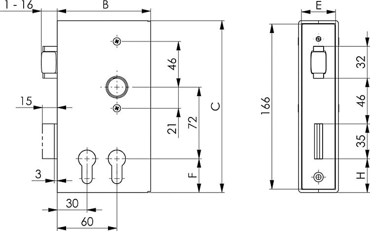 AMF 140RD-30 Schlosskasten mit Rollfallen-Riegelschloss für Dreikant- und Profilzylinder, blank, Kastenbreite A: 30 mm, Schließung: PZ, B: 94 mm - LE 140RD Schlosskasten mit Rollfallen-Riegelschloss fuer Dreikant- und Profilzylinder - blank-Skizze