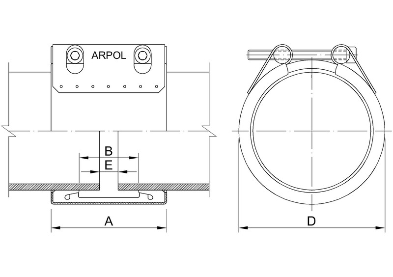 Leschhorn LSFLEX-164-172-110-E-A4 Rohrkupplung zur Verbindung LSFLEX, DA 168,3; Bereich 164-172; PN 25; PS 37,5 bar ; BL 110, Material: A4 (W5) 1.4571 /316), Dichtung EPDM - INSTAL - IBX technische Zeichnung