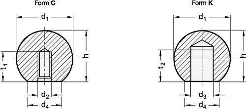 DIN 319-AL-16-B6-K ALU KUGELKNOPF - DIN 319 Kugelknoepfe Stahl - Aluminium-Skizze