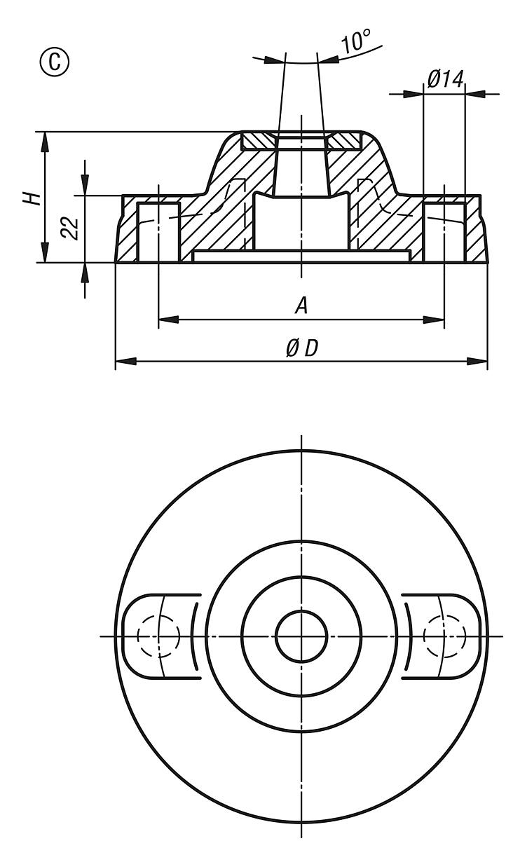 Kipp K0424.31751 TELLER F. STELLFUSS FORM C, - K0424-C Teller fuer Stellfuesse aus Kunststoff - schwere Ausfuehrung - Form C - Massblatt