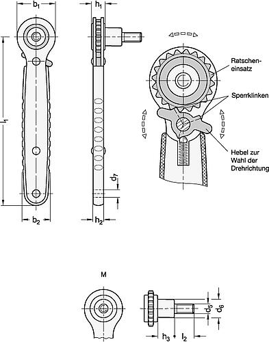 Ganter 318-178-M10-20-C Edelstahl Ratschenspanner mit Gewindezapfen - GN 318 Edelstahl Ratschenspanner mit Gewindezapfen-Skizze