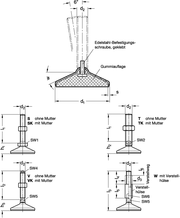 Ganter 17-100-M10-100-C3-S  Stellfüße, Edelstahl 1.4301 (A2), FDA-konform, Fussdurchmesser d1: 100, Gewinde d2: M 10, Länge l1 (S/SK): 100 - GN 17 Stellfuesse - Edelstahl A2 - FDA-konform - Massblatt