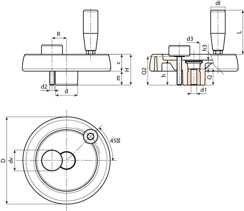 Leschhorn C970 Scheibenhandräder mit drehbarem Griff und Feststellschraube  D 100; Bohrung 5H9; d 30; schwarz - Boteco C970 Scheibenhandrad mit drehbarem Griff
