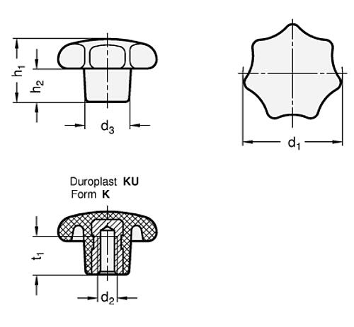 DIN 6336-KU-20-M4-K-MS Sterngriffe, Kunststoff, Buchse Messing - DIN 6336 Sterngriffe - Kunststoff - Buchse Messing-Skizze