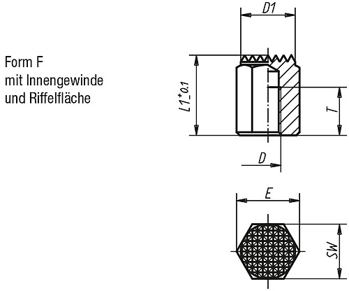 Norelem 02040-615 POSITIONSFUß, FORM:F, AUTOM.STAHL BRÜN. U. EINSATZGEHÄRTET, SW=17 - Norelem 02040-F Positionsfuesse mit Innengewinde Form F